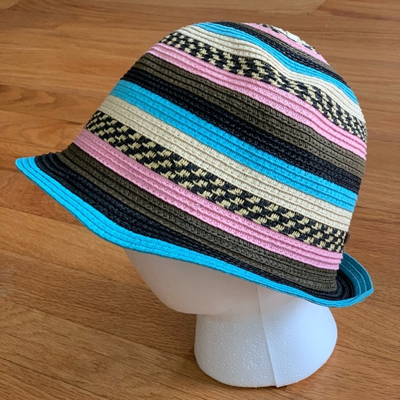 True Religion 100% Paper Straw Hat ~ L/XL~ Natural Black Pink & Blue Stripes